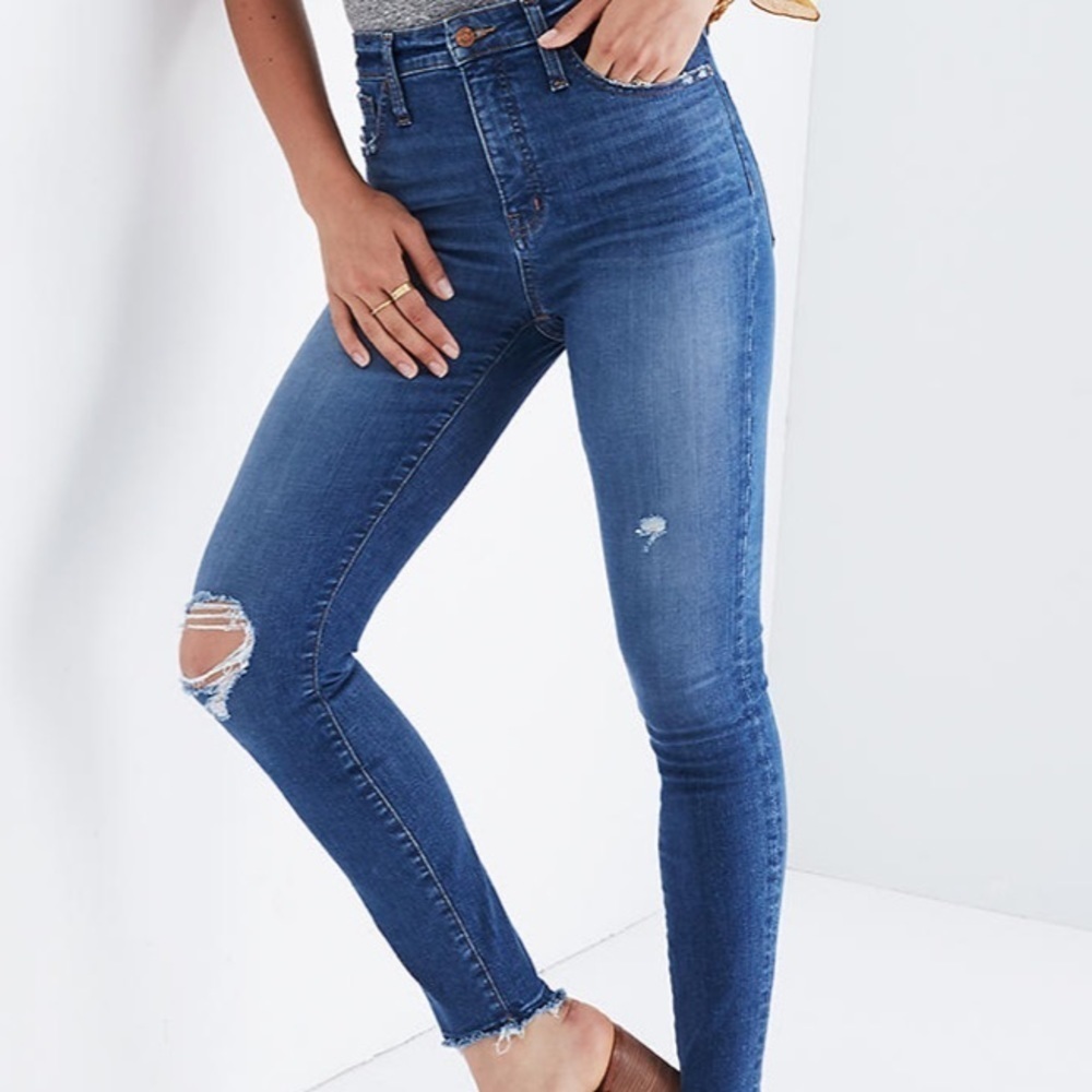 Madewell Curvy High Rise Jeans Drop Stem Hem Blue Distressed 24